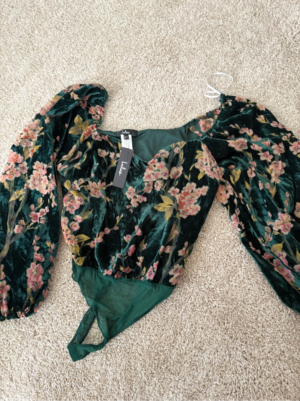 Lulu's Dark Green Floral Velvet Puff Sleeve Bodysuit